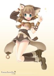  animal_ears bell blue_eyes breasts brown_hair cat_ears fantasy_earth fantasy_earth_zero female jingle_bell kneehighs komone_ushio midriff navel oerba_yun_fang scout_(fantasy_earth) scout_(lakota_outfit)_(fantasy_earth_zero) short_hair small_breasts socks solo underboob 