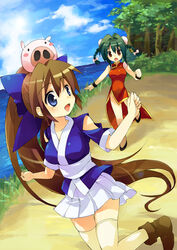  2girls blue_bow blue_eyes boots bow braid breasts brown_footwear brown_hair chasing china_dress chinese_clothes clothing_cutout cloud commentary_request day dress girly_running grey_hair hair_bun hair_ribbon hairbow japanese_clothes long_hair medium_breasts mei_mei_(nagasarete_airantou) multiple_girls nagasarete_airantou object_on_head outdoors photoshop_(medium) pig ponytail red_eyes ribbon running shoulder_cutout sky suzu_(nagasarete_airantou) tachitsu_teto thighhighs tonkatsu_(nagasarete_airantou) tree twin_braids very_long_hair water wristband 