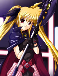  axe bardiche_(device_form)_(nanoha) bardiche_(nanoha) belt black_bow blonde_hair bow cape fate_testarossa fate_testarossa_(original_form) female long_hair lyrical_nanoha mahou_shoujo_lyrical_nanoha photoshop_(medium) red_eyes solo takase_shin&#039;ya weapon 