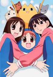  3girls absurdres animal_costume animedia azumanga_daioh&#039;s_school_uniform azumanga_daiou black_hair blush brown_eyes brown_hair canine costume detexted feline highres hug iriomote_cat kamineko kasuga_ayumu magazine_scan mayaa_(azumanga_daioh) mihama_chiyo mihama_chiyo&#039;s_father multiple_girls official_art orange_hair ozawa_iku penguin_costume pink_serafuku pink_shirt sakaki_(azumanga_daioh) scan school_uniform serafuku shirt tadakichi-san third-party_edit winter_uniform 