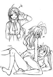  1boy 2girls animal_ears artist_request genderswap_(ftm) genderswap_(mtf) greyscale kita_high_school_uniform koizumi_itsuki_(female) kyonko long_hair long_sleeves monochrome multiple_girls photoshop_(medium) playboy_bunny ponytail rabbit_ears rule_63 school_uniform serafuku socks suzumiya_haruhi_no_yuuutsu tsuruya-senpai winter_uniform yuri 