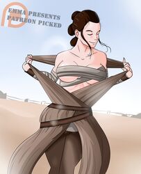  1girls brown_hair desert emmapresents female female_only jakku outdoors rey solo star_wars stripping text the_force_awakens 