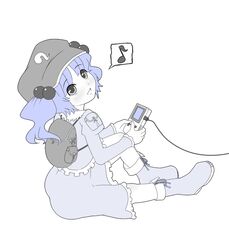  blue_theme eighth_note female game_boy game_boy_(original) game_link_cable handheld_game_console kawashiro_nitori monochrome musical_note playing_games simple_background solo speech_bubble spoken_musical_note torque touhou two_side_up video_game white_background 