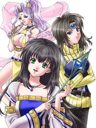  3girls blue_eyes breasts brown_hair cleavage commentary_request detached_sleeves dress gensou_suikoden gensou_suikoden_v gloves jeane_(suikoden) large_breasts legs lorelai_(suikoden) midriff multiple_girls pink_hair ponytail shawl short_hair sirotuka_lambda staff thighs viki_(suikoden) 