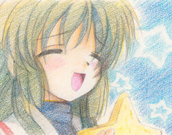  :d clannad closed_eyes commentary_request coupy_pencil_(medium) female gofu happy_state ibuki_fuuko open_mouth smile solo star_(symbol) starfish traditional_media 