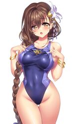  1girls braid breasts brown_eyes brown_hair female female_only gan_(shanimuni) hair_ornament hair_over_shoulder highleg highleg_swimsuit highres kanpani_girls large_breasts long_hair mole mole_under_eye pointy_chin shirayuri_sakura single_braid solo swimsuit thigh_gap tied_hair wide_hips 