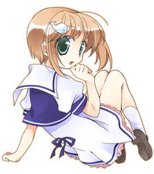  bow brown_hair copyright_request female green_eyes hair_ornament hairclip lowres nekono_osero photoshop_(medium) school_uniform short_hair socks solo 