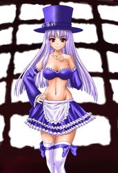  bad_id bad_pixiv_id bare_shoulders blush breasts capcom_fighting_jam cleavage commentary_request detached_sleeves female frilled_skirt frills hat ingrid_(capcom) long_hair maid medium_breasts midnight_bliss midriff nanakorobi_yaoki purple_hair red_eyes skirt socks solo thighhighs top_hat white_hair zettai_ryouiki 