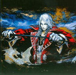  1boy artbook castlevania:_harmony_of_dissonance castlevania_(series) charcoal_(medium) colored_eyelashes eyelashes highres juste_belmont kojima_ayami male_focus monster official_art oil_painting_(medium) painting_(medium) riding_crop scan solo traditional_media whip white_hair 