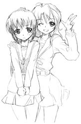  2girls cardigan cowboy_shot embarrassed genderswap_(mtf) greyscale hands kita_high_school_uniform koizumi_itsuki_(female) kyonko long_hair long_sleeves monochrome multiple_girls one_eye_closed rule_63 school_uniform serafuku sketch smile suzumiya_haruhi_no_yuuutsu v_arms winter_uniform yamaguchi_homupe 