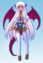  breasts cleavage dark-skinned_female dark_skin demon_girl female horns large_breasts nanakorobi_yaoki original solo tail thighhighs wings 