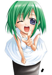  blue_eyes female green_hair kasugano_midori midori_no_hibi one_eye_closed solo tachibana_surimu white_background 