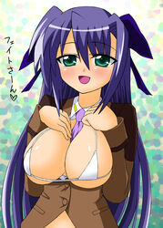  blush breast_suppress breasts breasts_out female ginga_nakajima green_eyes heart huge_breasts long_hair lyrical_nanoha mahou_shoujo_lyrical_nanoha_strikers military military_uniform necktie open_mouth purple_hair sawa_(snack_yoshie) solo tsab_ground_military_uniform uniform very_long_hair 