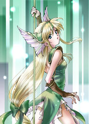  blonde_hair blue_eyes bow commentary_request female gloves long_hair low-tied_long_hair polearm riesz seiken_densetsu seiken_densetsu_3 sirotuka_lambda solo spear weapon 