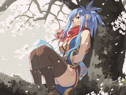  against_tree bad_id bad_pixiv_id blue_hair brown_thighhighs cherry_blossoms female fuchida_kazuhiro in_tree ninja ninja_(ragnarok_online) photoshop_(medium) pink_eyes ponytail ragnarok_online red_scarf scarf sitting sitting_in_tree sleeveless solo thighhighs tree 