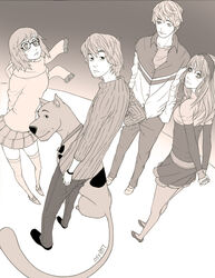  2boys 2girls animification canine commentary_request daphne_ann_blake everyone fred_jones great_dane monochrome multiple_boys multiple_girls osy057 pantyhose photoshop_(medium) pink_theme scarf scooby-doo scooby-doo_(character) shaggy_rogers thighhighs velma_dace_dinkley zettai_ryouiki 