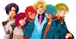  2girls 4boys bad_id bad_pixiv_id blonde_hair blue_eyes blue_hair clotho_buer flay_allster gundam gundam_seed hug jacket kitayama lineup lipstick looking_at_viewer makeup multiple_boys multiple_girls muruta_azrael natarle_badgiruel necktie orga_sabnak purple_hair red_hair shani_andras short_hair simple_background smile surprised uniform wince 