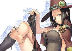  barefoot black_hair boots breasts brown_eyes cape cleavage commentary_request corset crossed_legs doctor_magus doctor_magus_2 feet female hat knee_boots large_breasts legs sekaiju_no_meikyuu sekaiju_no_meikyuu_2 sitting skirt soles solo tanaka_shoutarou tattoo thighs toes witch witch_hat 