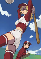  arms_up bad_id bad_pixiv_id baseball baseball_(object) baseball_bat baseball_uniform blonde_hair female fuchida_kazuhiro glasses original photoshop_(medium) solo sportswear thighhighs 