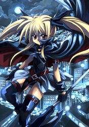  bardiche_(device_form)_(nanoha) bardiche_(nanoha) belt black_thighhighs blonde_hair buckle building cape city fate_testarossa fate_testarossa_(original_form) female flying full_moon kouno_hikaru long_hair looking_at_viewer lyrical_nanoha mahou_shoujo_lyrical_nanoha moon moonlight night red_eyes solo thighhighs twintails very_long_hair zettai_ryouiki 