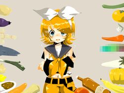  arm_warmers banana belt blonde_hair bottle bow carrot censored collarbone commentary_request cowboy_shot crop_top curry daikon eggplant female flower food fruit gourd grey_background hair_ornament hairband hairclip headgear ichihaya kagamine_rin kagamine_rin_(if) lemon mandarin_orange midriff navel onion pumpkin radish sailor_collar sake_bottle self_hug short_hair shorts simple_background sleeveless solo spring_onion stomach sweatdrop tattoo tears tomato vegetable vocaloid voodoo_doll white_bow yellow_shorts 