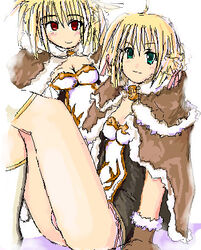  2girls bare_legs blonde_hair breasts brown_gloves cleavage eternalspherex fur_trim gloves jaggy_lines kneehighs looking_at_viewer lowres multiple_girls oekaki poncho ragnarok_online red_eyes simple_background sitting small_breasts smile socks source_request thighs white_background wizard_(ragnarok_online) 