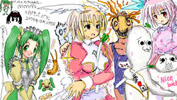  2channel 3girls blonde_hair blush character_request chibi cross english_text eternalspherex frills ghost green_hair high_priest_(ragnarok_online) kanji maid monster multiple_girls oekaki pink_hair ragnarok_online source_request spring_onion worm yaruo 