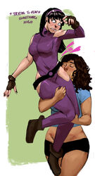  2girls america_chavez black_hair blue_eyes bodysuit boots brown_hair brown_skin brunette closed_eyes clothed clothed_female clothes clothing curly_hair dark-skinned_female dark_hair dark_skin earrings female female_only fully_clothed gloves hawkeye headband holding hoop_earrings human human_only interracial interracial_yuri kate_bishop kissing latina light-skinned_female light_skin long_hair marvel miss_america_chavez multiple_girls panties redblacktac superheroine young_avengers yuri 