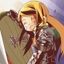  araki_fuu blonde_hair blood female lowres paladin_(sekaiju) paladin_2_(sekaiju) sekaiju_no_meikyuu sekaiju_no_meikyuu_1 shield smile solo 