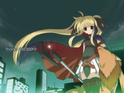  arf bad_link bardiche_(device_form)_(nanoha) bardiche_(nanoha) belt black_dress black_legwear blonde_hair buckle building cape city dress fate_testarossa fate_testarossa_(original_form) female floating_hair long_hair looking_at_viewer lyrical_nanoha mahou_shoujo_lyrical_nanoha milestone_celebration outdoors photoshop_(medium) red_eyes sidelocks skyscraper solo_focus thighhighs very_long_hair wind zettai_ryouiki 