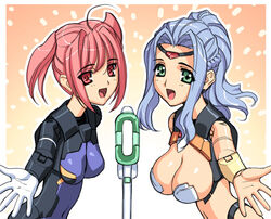  2girls blue_hair breasts busou_shinki cleavage commentary_request doll_joints eukrante green_eyes ianeira joints large_breasts long_hair magaki_ryouta microphone microphone_stand multiple_girls red_eyes red_hair 