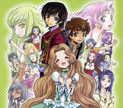  3boys 6+girls alternate_costume arthur_(code_geass) bikini black_hair blonde_hair blue_eyes blue_hair blush braid breasts brown_hair c.c. cecile_croomy cleavage closed_eyes code_geass dark_skin dress euphemia_li_britannia feline glasses green_eyes green_hair grey_hair hair_tubes hat jpeg_artifacts kimura_takahiro kouzuki_kallen kururugi_suzaku lelouch_vi_britannia long_hair midriff midriff_peek milly_ashford multiple_boys multiple_girls nina_einstein nunnally_vi_britannia ookouchi_ricca orange_hair photoshop_(medium) pink_hair purple_eyes purple_hair red_hair rivalz_cardemonde school_uniform serafuku shirley_fenette short_hair sumeragi_kaguya swimsuit twin_braids very_long_hair villetta_nu w_arms yellow_eyes 