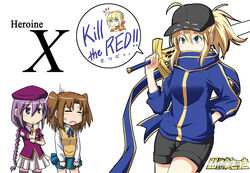  3girls artoria_pendragon_(fate) baseball_cap blonde_hair braid commentary_request excalibur_(fate/stay_night) fate/extra fate_(series) green_eyes hat jacket long_hair melty_blood multiple_girls mysterious_heroine_x_(fate) nero_claudius_(fate) nero_claudius_(fate/extra) photoshop_(medium) ponytail purple_eyes purple_hair rimibure rojiura_satsuki:_chapter_heroine_sanctuary scarf school_uniform sion_eltnam_atlasia sword thighhighs track_jacket tsukihime two_side_up type-moon weapon yumizuka_satsuki 