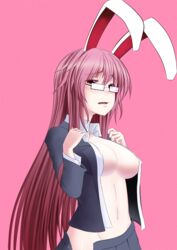  animal_ears bad_id bad_pixiv_id bespectacled blush breasts dress_shirt embarrassed female glasses groin highres large_breasts long_hair marubororaito navel no_bra no_panties open_clothes open_shirt open_skirt pleated_skirt purple_hair rabbit_ears red_eyes reisen_udongein_inaba shirt skirt solo tears touhou upper_body very_long_hair 