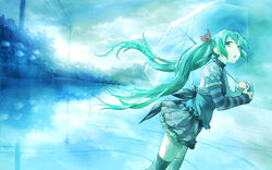  :o blue_theme casual commentary_request coz_(commit) detached_sleeves female green_eyes green_hair hatsune_miku long_hair power_lines rain reflection solo striped thighhighs twintails umbrella very_long_hair vocaloid water 