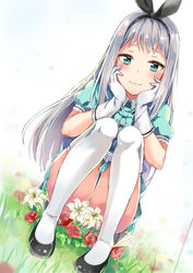  1boy :3 aqua_eyes aqua_shirt aqua_skirt black_footwear black_hair black_hairband black_ribbon blend_s closed_mouth commentary_request dutch_angle flower flower_censor full_body gloves grass grey_hair hair_ribbon hairband hands_on_own_cheeks hands_on_own_face highres kanzaki_hideri knees_to_chest knees_up konka lily_(flower) long_hair looking_at_viewer male_focus on_grass on_ground otoko_no_ko panties pantyshot puffy_short_sleeves puffy_sleeves ribbon rose shirt shoes short_sleeves sitting skirt smile solo stile_uniform thighhighs underwear upskirt waitress white_gloves white_panties white_thighhighs 