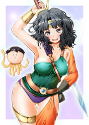  amagami black_eyes black_hair blush breasts circlet commentary_request cosplay covered_nipples cowboy_shot dragon_quest dragon_quest_iv female gloves heroine_(dq4) heroine_(dq4)_(cosplay) large_breasts looking_at_viewer messy_hair open_mouth photoshop_(medium) short_hair smile sword tachibana_jun&#039;ichi tanamachi_kaoru tomonaga_kenji wavy_hair weapon 