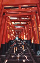  2girls commentary cpieng dappled_sunlight english_commentary feline highres holding_hands jacket japan loafers multiple_girls multiple_torii original pleated_skirt pointing running shoes skirt socks stairs sunlight torii 