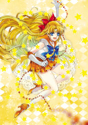  aino_minako argyle_background bare_legs bishoujo_senshi_sailor_moon blonde_hair blue_eyes bow brooch choker colored_eyelashes commentary_request elbow_gloves female full_body gloves hairbow half_updo high_heels jewelry long_hair magical_girl mismatched_eyelashes orange_choker orange_sailor_collar orange_skirt photoshop_(medium) pleated_skirt red_bow ribbon sailor_collar sailor_senshi_uniform sailor_venus shoes skirt smile solo star_(symbol) strappy_heels tiara tsuna2727 venus_chain_(sailor_moon) venus_love_me_chain white_gloves yellow_background 