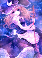  apron blonde_hair blue_eyes blue_theme bonnou-s-rice braid broom commentary_request female frills gathers hands hat highres kirisame_marisa light_smile long_hair looking_at_viewer mixed_media night painting_(medium) purple_eyes signature solo touhou traditional_media waist_apron watercolor_(medium) 