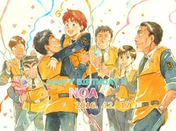  2girls 5boys arm_hair birthday black_hair blue_eyes brown_eyes brown_hair character_name commentary_request confetti dated eye_contact gaiters glasses gotou_kiichi hands_in_pockets happy happy_birthday heart high-visibility_vest hug izumi_noa jumping kidou_keisatsu_patlabor kumagami_takeo looking_at_another multiple_boys multiple_girls necktie oota_isao own_hands_together painting_(medium) party_popper photoshop_(medium) police police_uniform red_hair shinohara_asuma shinshi_mikiyasu short_hair simple_background sleeves_rolled_up smile star_(symbol) streamers traditional_media uniform ususionorisio vest watercolor_(medium) white_background yamazaki_hiromi 