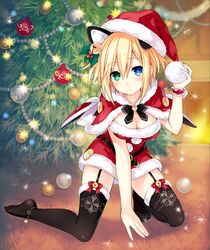  adapted_costume ange_vierge anklet bell belt black_belt black_thighhighs blonde_hair blue_eyes blush bow bowtie breasts capelet carpet christmas christmas_ornaments christmas_tree cleavage code_omega_77_stella dress female fireplace full_body fur_trim garter_straps green_eyes hair_ornament hand_on_headwear hat heterochromia holding holly_hair_ornament indoors jetpack jewelry jingle_bell kneeling large_breasts leaning_forward looking_at_viewer no_gloves no_shoes pom_pom_(clothes) red_dress ribbon santa_costume santa_hat scrunchie short_dress solo sparkle thighhighs tsunako wrist_scrunchie 