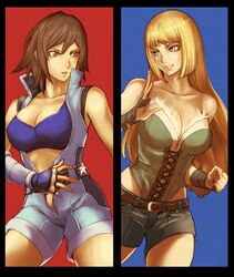  2girls bad_id bad_pixiv_id belt blonde_hair blue_eyes blue_sports_bra breasts brown_hair cleavage corset fingerless_gloves gloves hayadai jumpsuit kazama_asuka large_breasts legs lili_(tekken) multiple_girls short_hair shorts sports_bra tekken thighs 