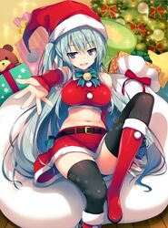  ange_vierge belt black_thighhighs boots bow box breasts christmas_tree female gift gift_box hat knee_boots large_breasts long_hair looking_at_viewer midriff navel nya_lapucea open_mouth outstretched_arm print_thighhighs purple_eyes red_footwear ribbon santa_boots santa_costume santa_hat sitting skirt smile snowflake_print solo sparkle stuffed_animal stuffed_toy teddy_bear thighhighs tomose_shunsaku zettai_ryouiki 