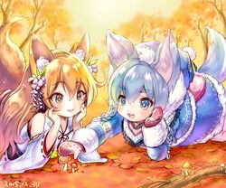  2girls :d animal_ears autumn autumn_leaves bad_id bad_pixiv_id blonde_hair blue_eyes blue_hair coat commentary_request dated detached_sleeves dog_ears dog_tail fox_ears fox_tail hat japanese_clothes korin_(shironeko_project) koyomi_(shironeko_project) long_hair miko mittens multiple_girls mushroom open_mouth shironeko_project short_hair smile tail tatejima_uri yellow_eyes 