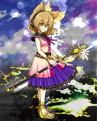  bangle bare_shoulders bracelet breasts brown_eyes brown_hair collar commentary_request dress earmuffs female gimicalmas highres jewelry looking_at_viewer looking_away pointy_hair ribbon sandals sarashi scabbard sheath sheathed shirt short_hair skirt skirt_set sleeveless sleeveless_dress sleeveless_shirt small_breasts smile solo sword touhou toyosatomimi_no_miko upper_body weapon 