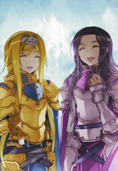  2girls alice_zuberg armor armored_dress bad_id bad_pixiv_id blonde_hair blue_cape body_armor bunbun cape closed_eyes colorized dress fanatio_synthesis_two gauntlets gloves gold_armor gold_gloves hairband highres knight long_hair multiple_girls open_mouth pauldrons purple_armor purple_dress purple_hair rikusempai shoulder_armor smile sword_art_online sword_art_online:_alicization teeth tongue upper_teeth_only very_long_hair white_hairband yellow_gloves 