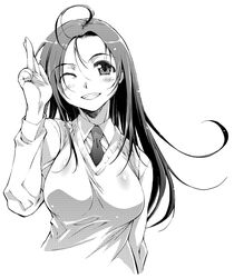  ahoge breasts copyright_request female greyscale grin hands large_breasts monochrome necktie one_eye_closed smile solo sweater_vest upper_body yamaguchi_homupe 