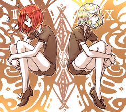  2others androgynous black_necktie black_shorts cinnabar_(houseki_no_kuni) commentary_request diamond_(houseki_no_kuni) elbow_gloves gem_uniform_(houseki_no_kuni) gloves houseki_no_kuni hugging_own_legs long_hair mercury_(element) multicolored_hair multiple_others necktie other_focus rami_nt red_eyes red_hair shirt short_hair short_sleeves shorts thighhighs white_gloves white_legwear white_shirt 