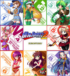  6+girls air_man blonde_hair blue_eyes blue_hair brown_eyes brown_hair bubble_man bunji collaboration collaboration_request commentary_request crash_man flash_man genderswap_(mtf) green_eyes green_hair heat_man leaf long_hair max_manster mega_man_(classic) mega_man_(series) mega_man_2 metal_man multiple_girls pink_hair purple_hair quick_man rule_63 short_hair thai_text thighhighs wood_man zpolice 